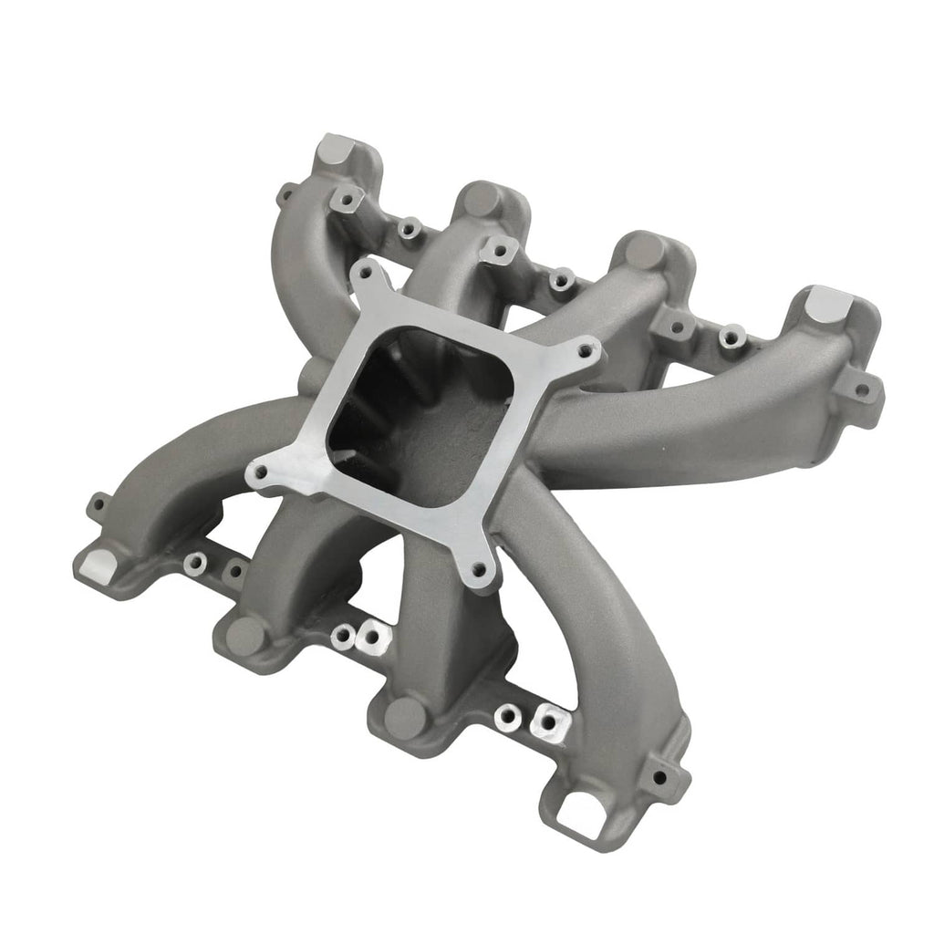 Gray single-plane intake manifold with gasket, square inlet opening and multiple curved runners