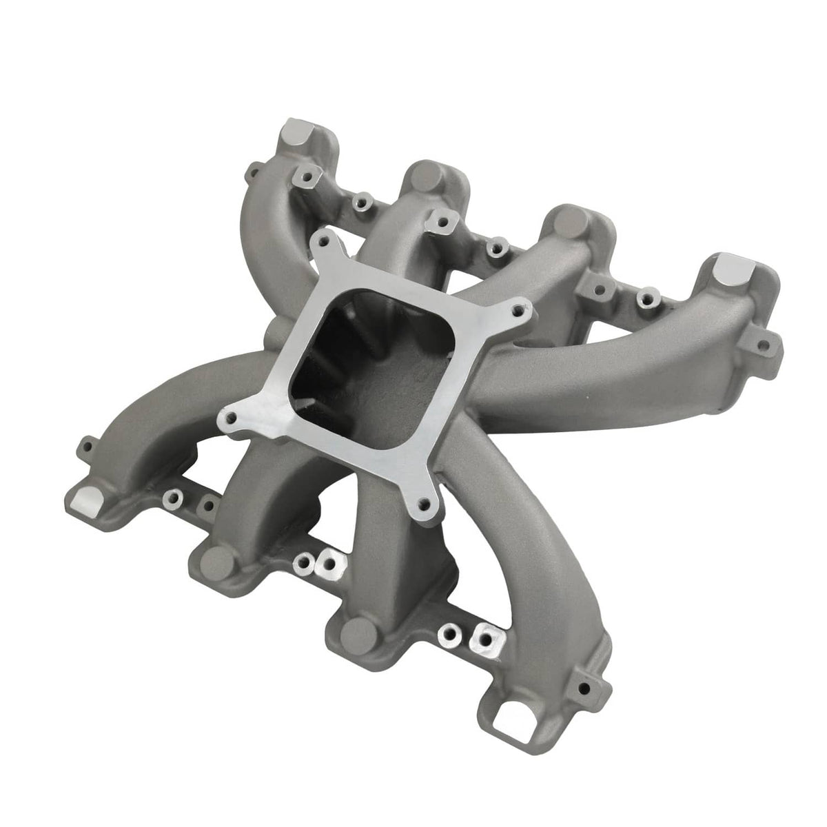 Gray single-plane intake manifold with gasket, square inlet opening and multiple curved runners