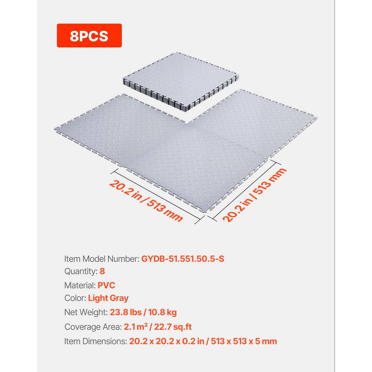 Interlocking PVC garage floor tiles, light gray textured surface, 8-pack square set