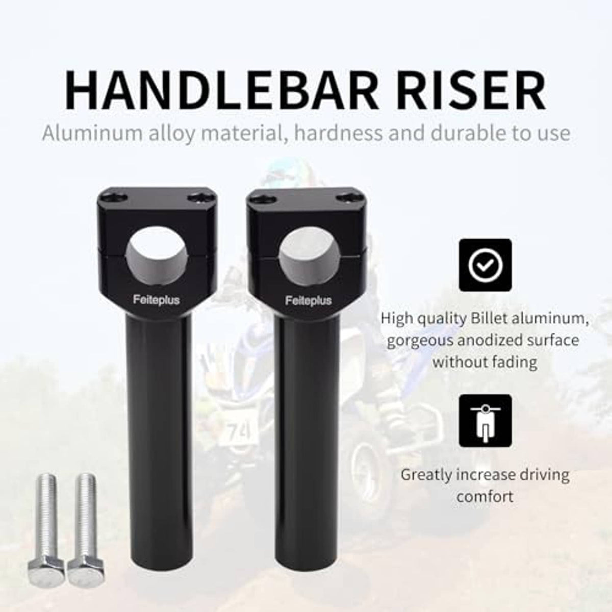 Black aluminum handlebar riser posts for motorcycle bars, pair with clamp blocks