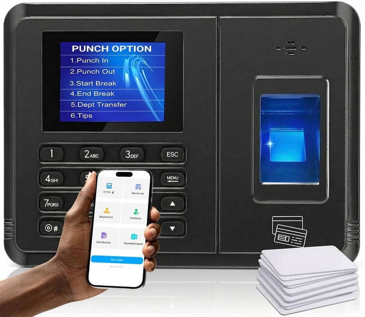 Black time clock with blue punch option screen, keypad buttons, and stack of white cards