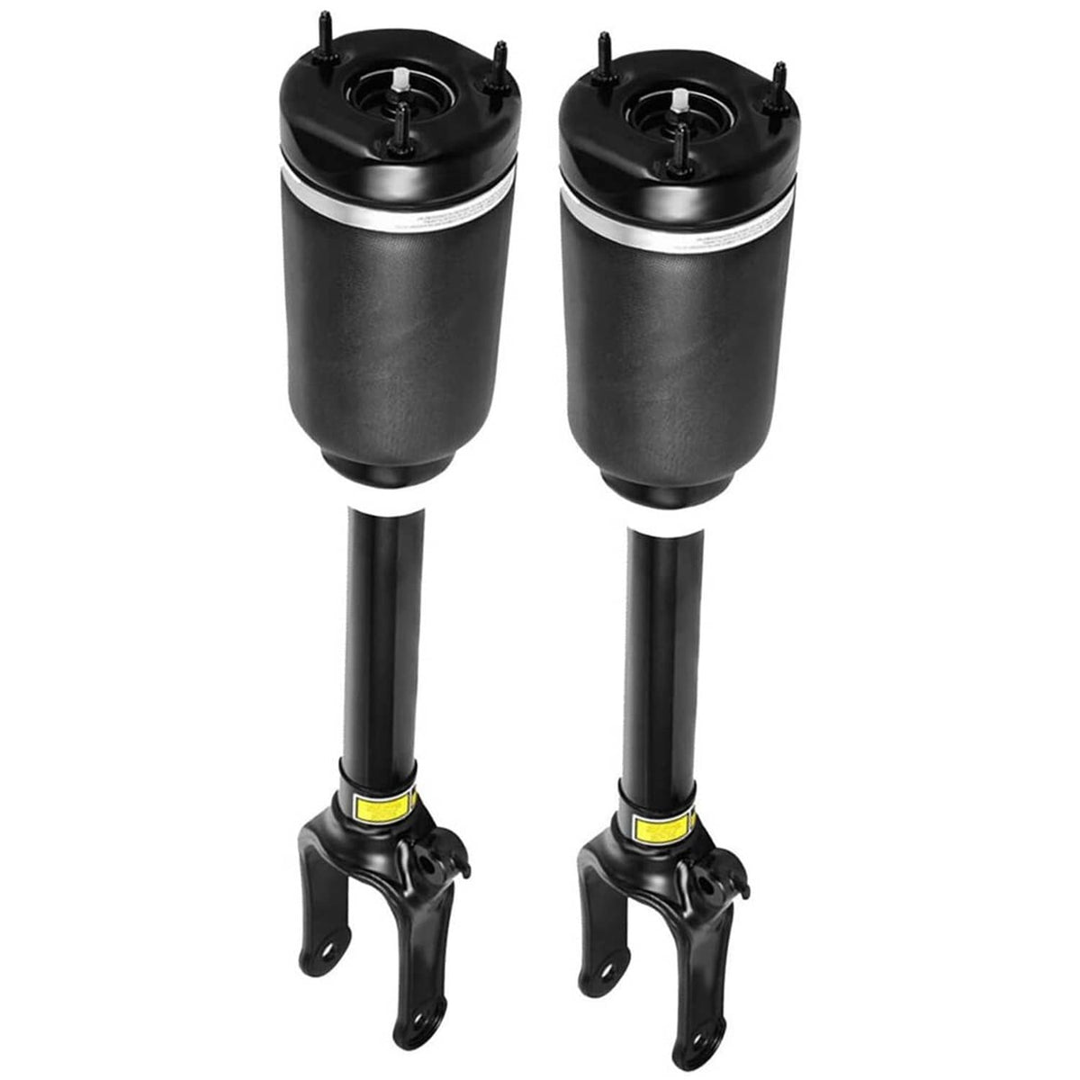 Pair of front air suspension struts with black shocks and fork-style mounting brackets