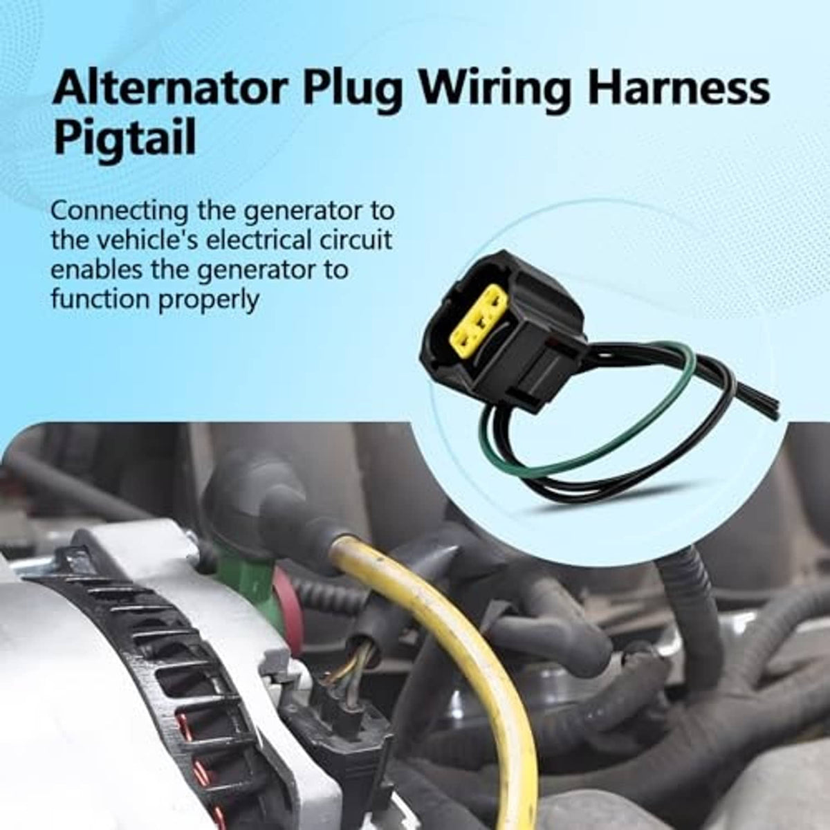 Alternator plug wiring pigtail with black connector and green wires, shown near engine bay