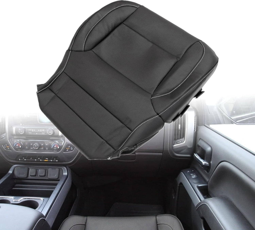 Black perforated leather seat cover bottom insert, angled view with contrast stitching