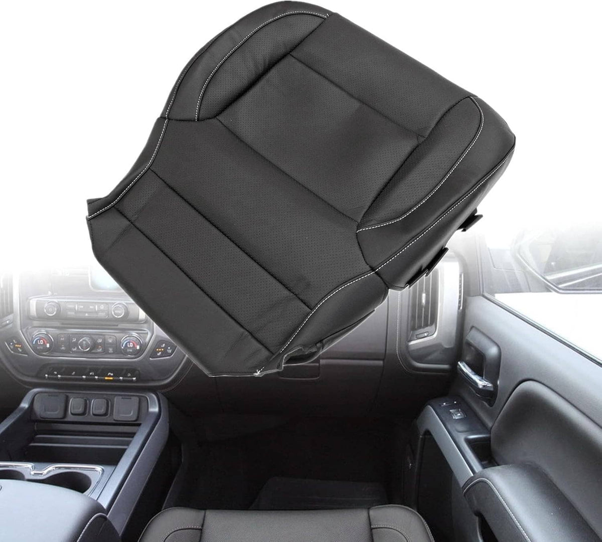 Black perforated leather seat cover bottom insert, angled view with contrast stitching