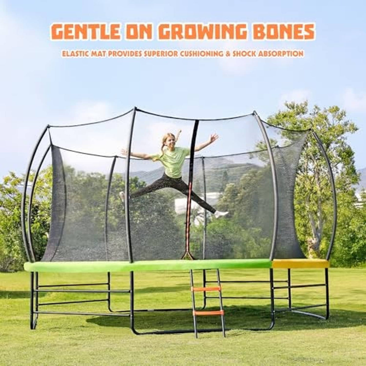 Round outdoor trampoline with green safety padding, dark mesh enclosure, orange ladder