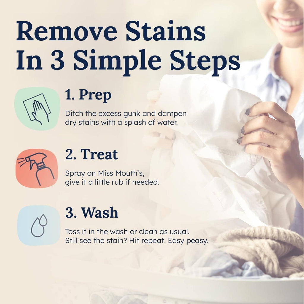 Stain removal instructions panel: prep, treat, and wash steps for stain treater