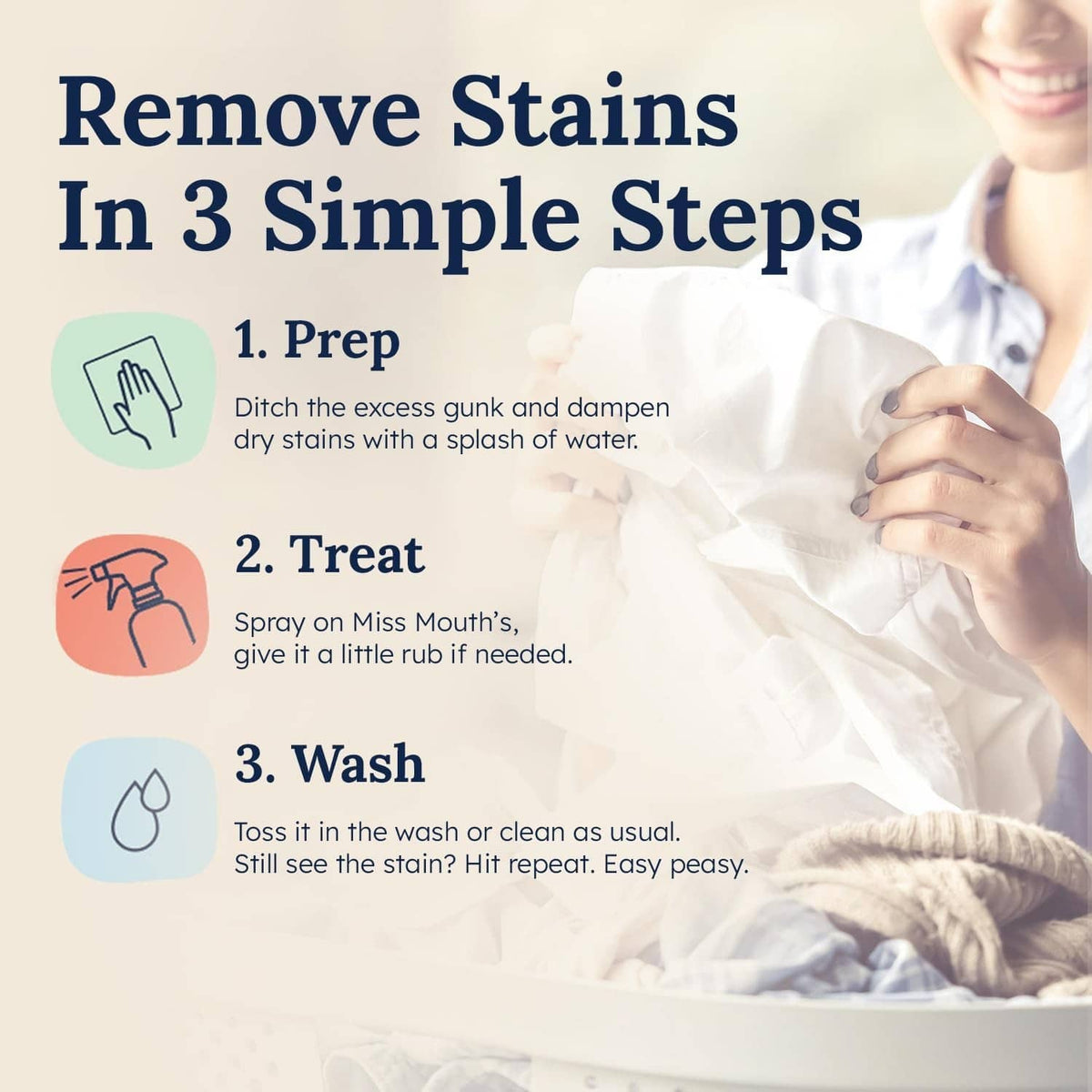 Stain removal instructions panel: prep, treat, and wash steps for stain treater