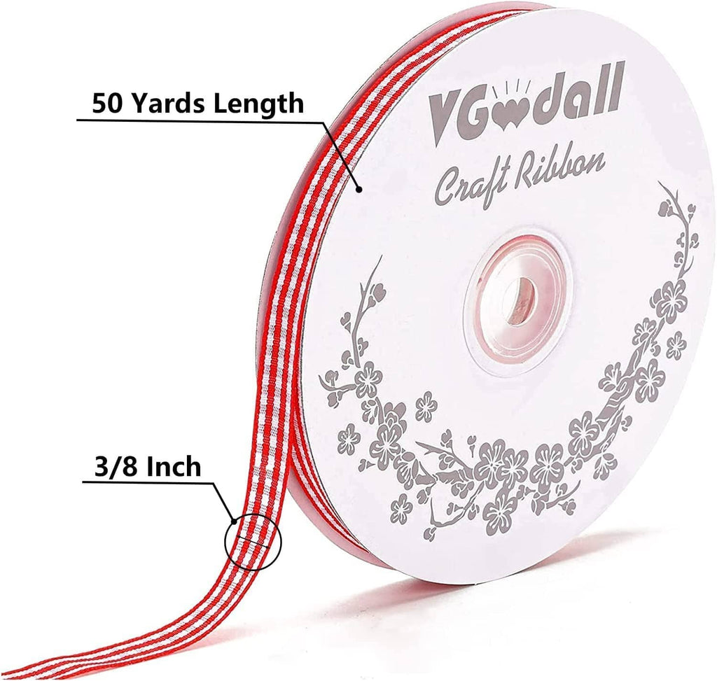 Red gingham ribbon spool showing 50 yards length and 3/8 inch width, thin ribbon