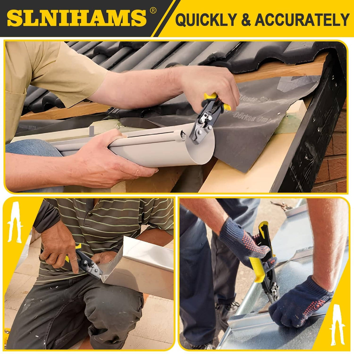Snap lock punch tool in use installing snap-lock gutter end on roofing panel