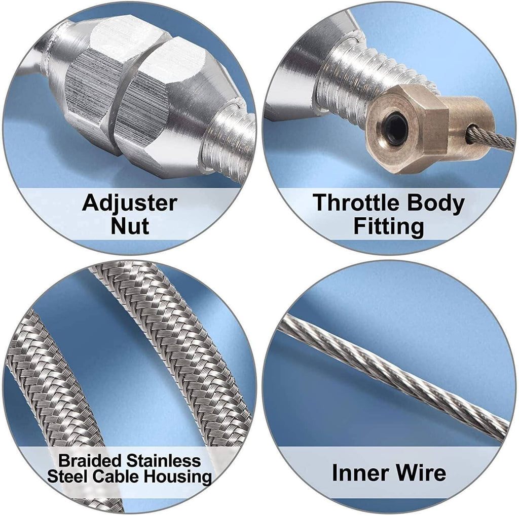 Throttle cable close-up: braided stainless housing, adjuster nut, inner wire