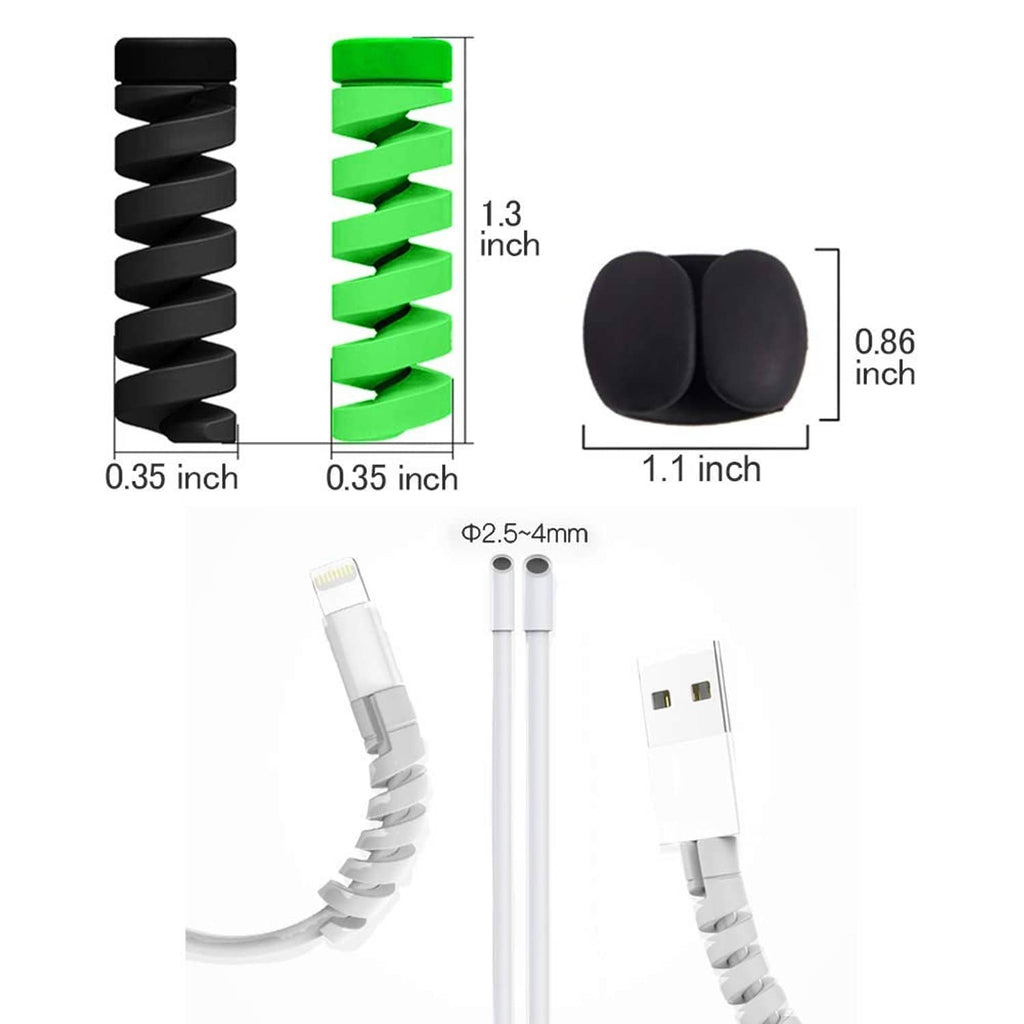 Cable protector size diagram for black and green spiral guards, compact fit