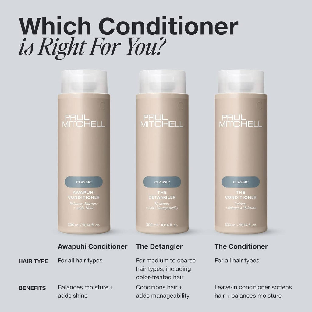 Three Paul Mitchell Classic conditioner bottles with white caps and label designs