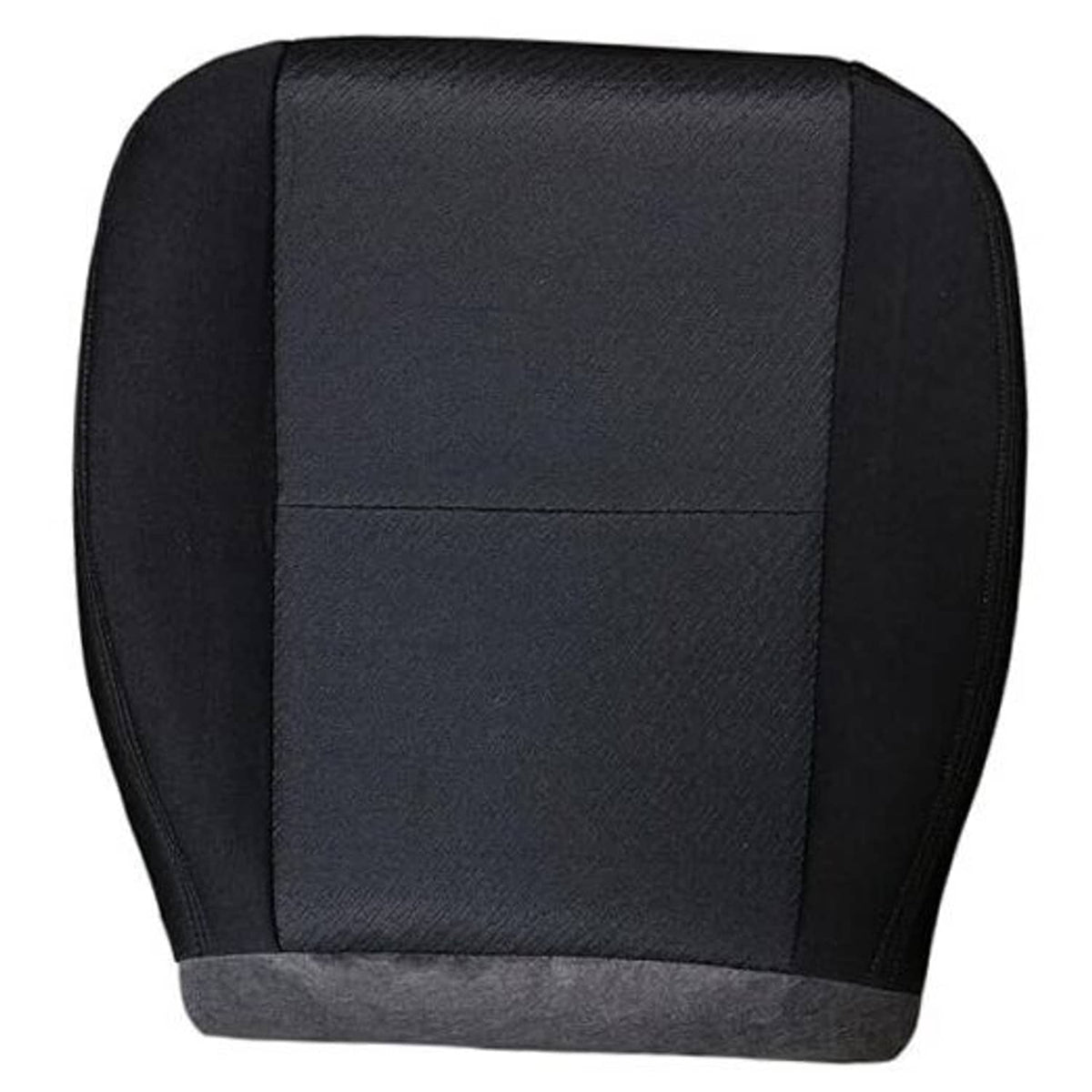 Black driver-side cloth bottom seat cover with stitched center panel and rounded edges.