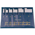 Blue storage pouch with six adjustable parallel blocks, labeled A–F, 3900-0029.