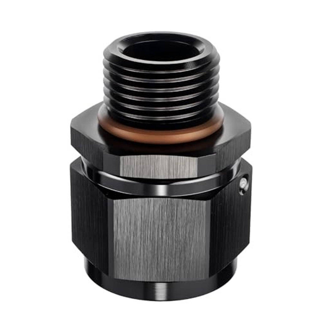 Black and silver AN adapter fitting with knurled grip, visible bolt hole, O-ring