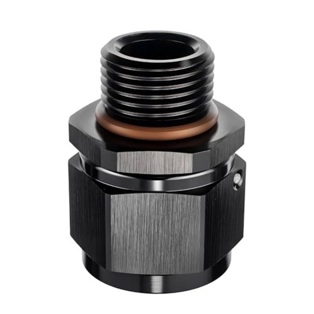 Black and silver AN adapter fitting with knurled grip, visible bolt hole, O-ring