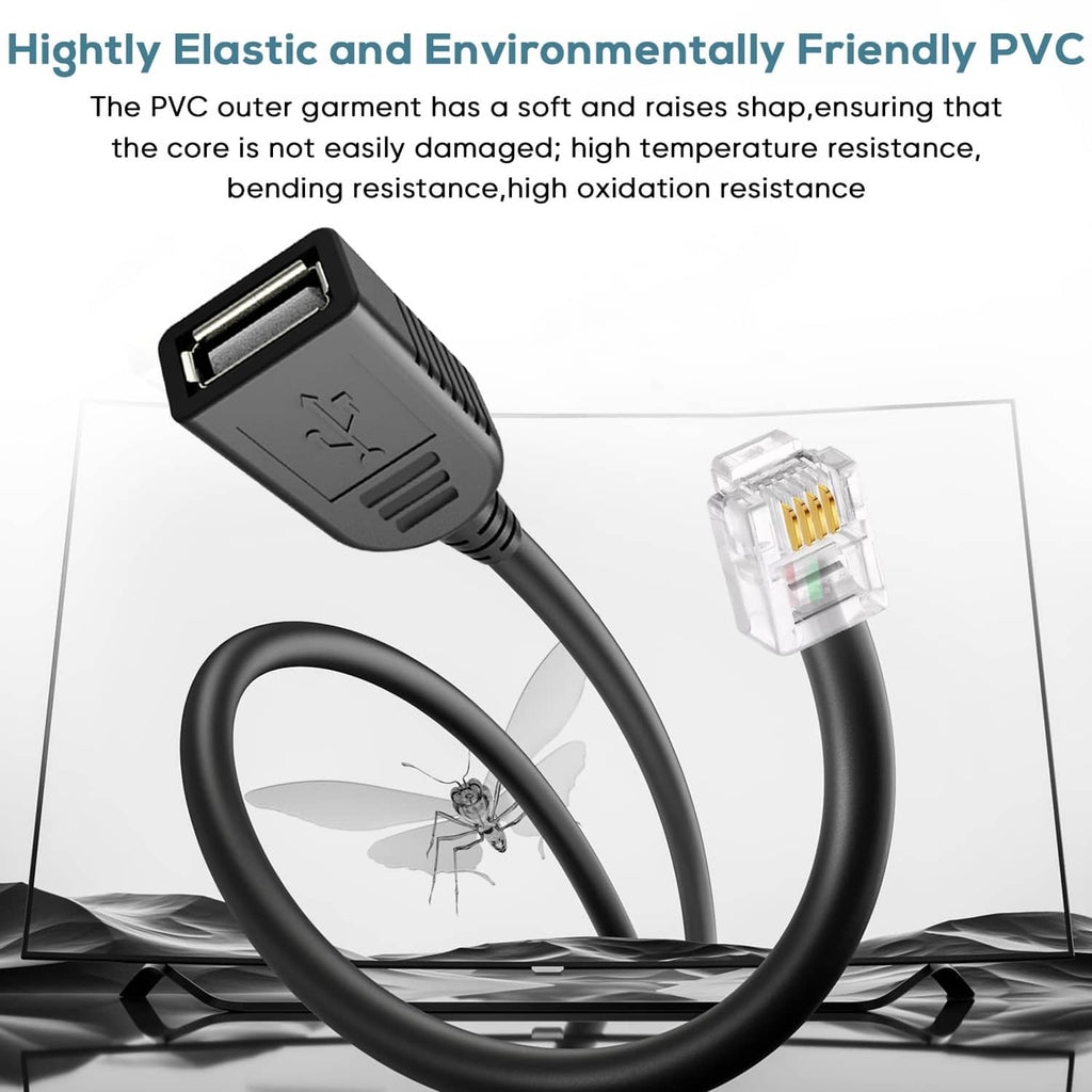 Black USB-A to RJ11 6P4C adapter cable with molded strain relief