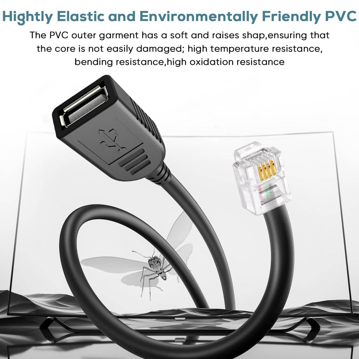 Black USB-A to RJ11 6P4C adapter cable with molded strain relief