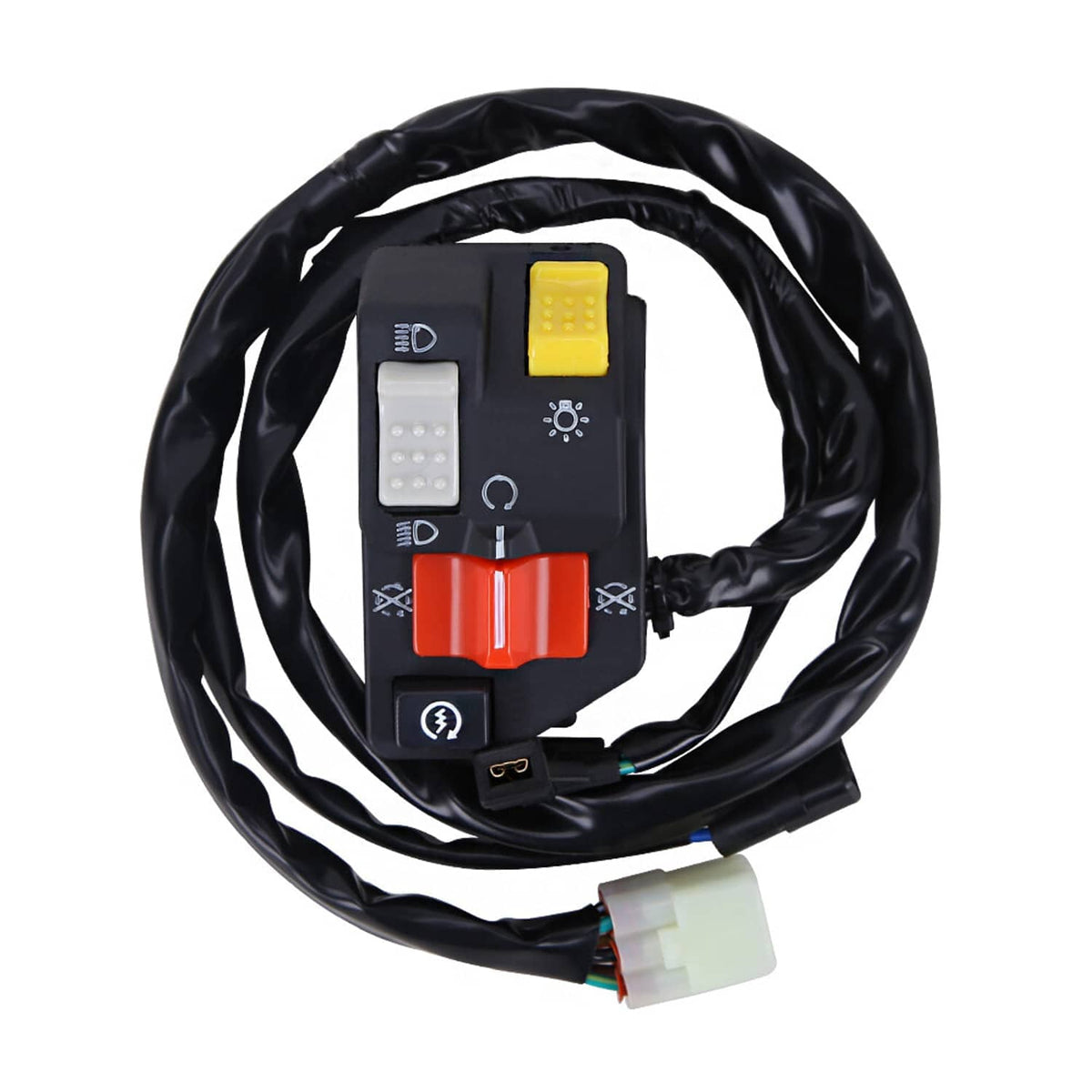 Honda ATV handlebar switch assembly with yellow and red buttons and white connector