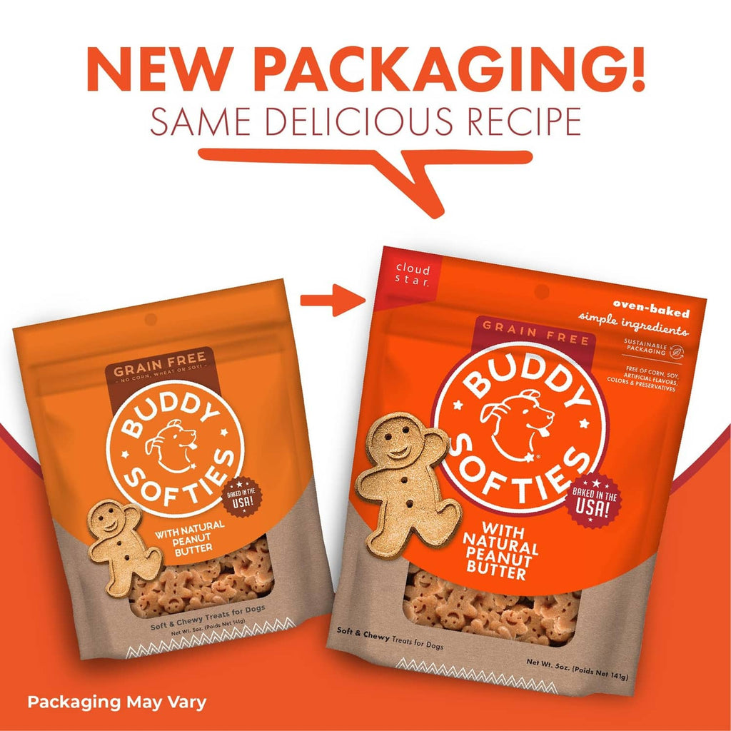 Dog treat packaging showing two orange Buddy Softies pouches, grain-free