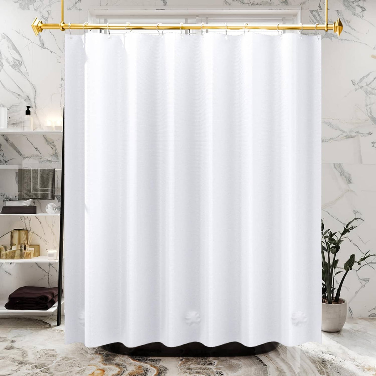 White shower curtain liner hanging from a rod with top grommets and full coverage
