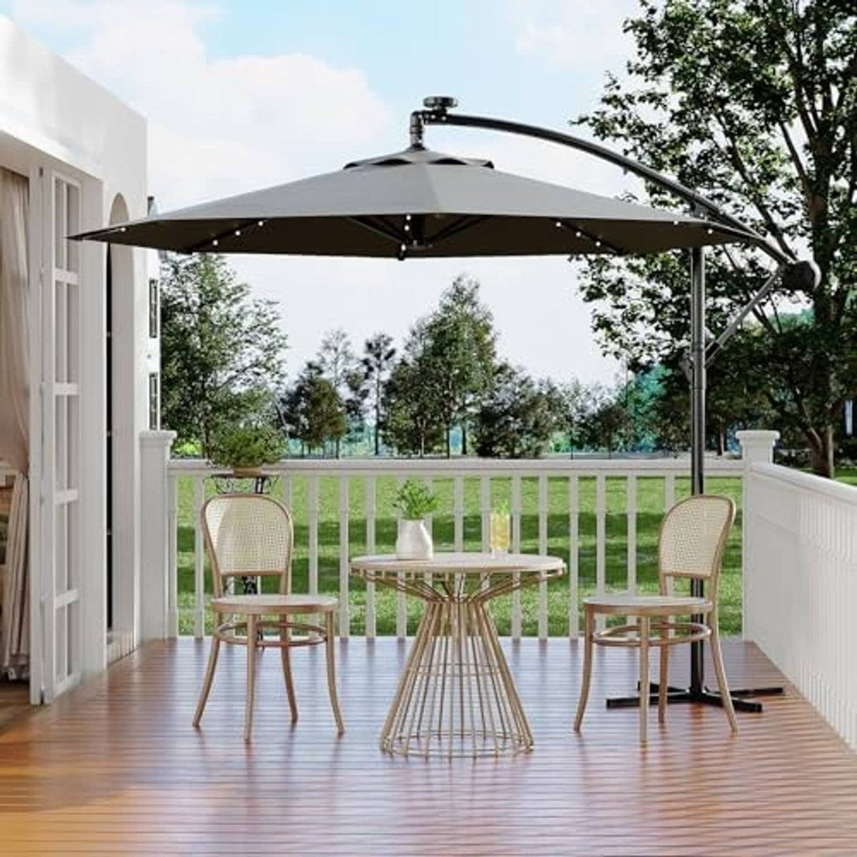 Offset patio umbrella with dark gray canopy over outdoor seating on a patio