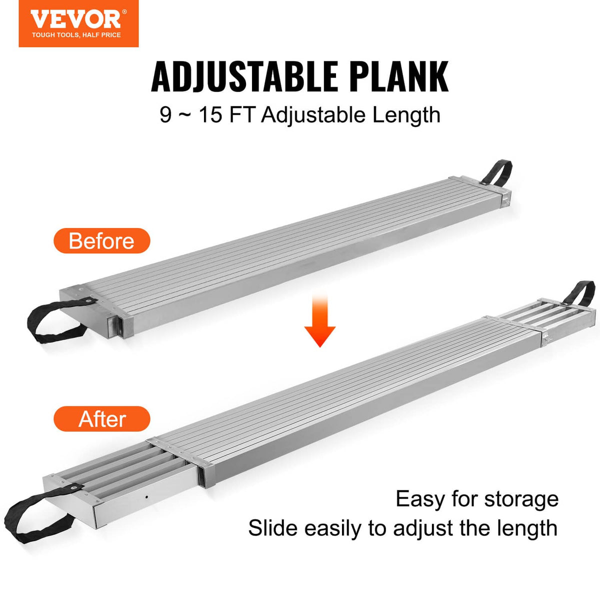 Adjustable aluminum scaffold plank in extended and shortened positions with black straps
