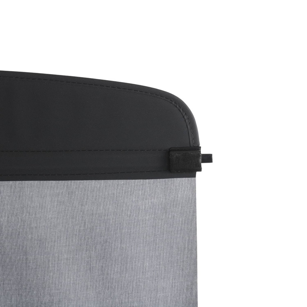 Retractable trunk cargo cover shade corner with black trim and elastic strap, gray