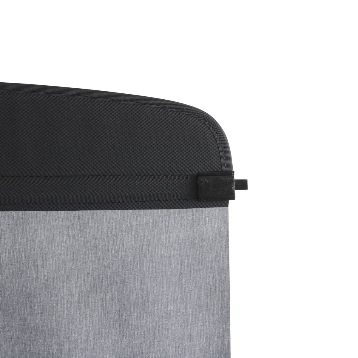 Retractable trunk cargo cover shade corner with black trim and elastic strap, gray