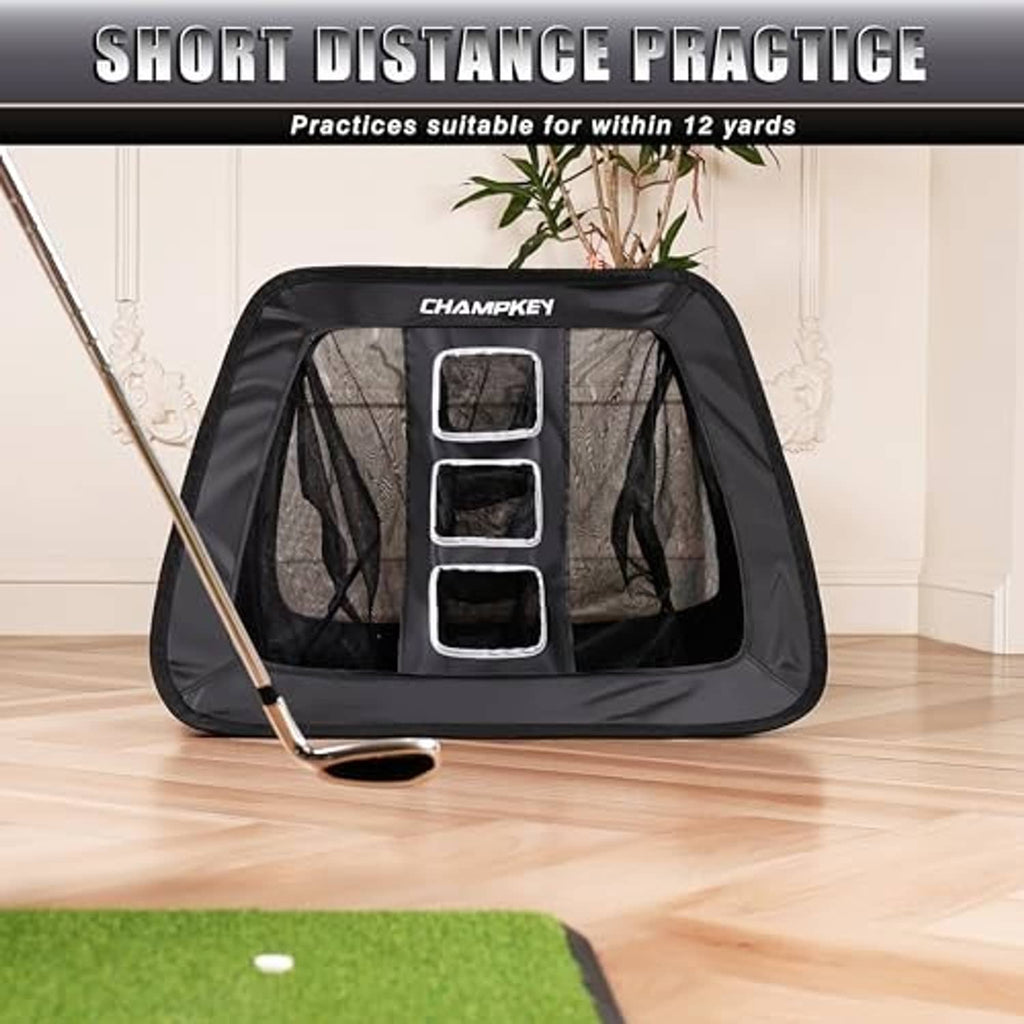 Short-range golf chipping net with black mesh and three white target slots