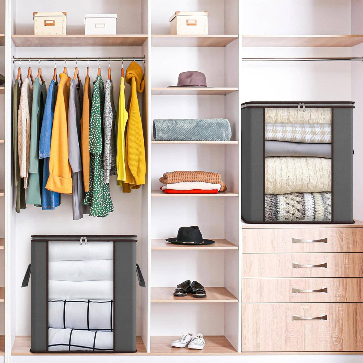 Gray storage bag with brown trim in closet shelf, front window shows folded linens