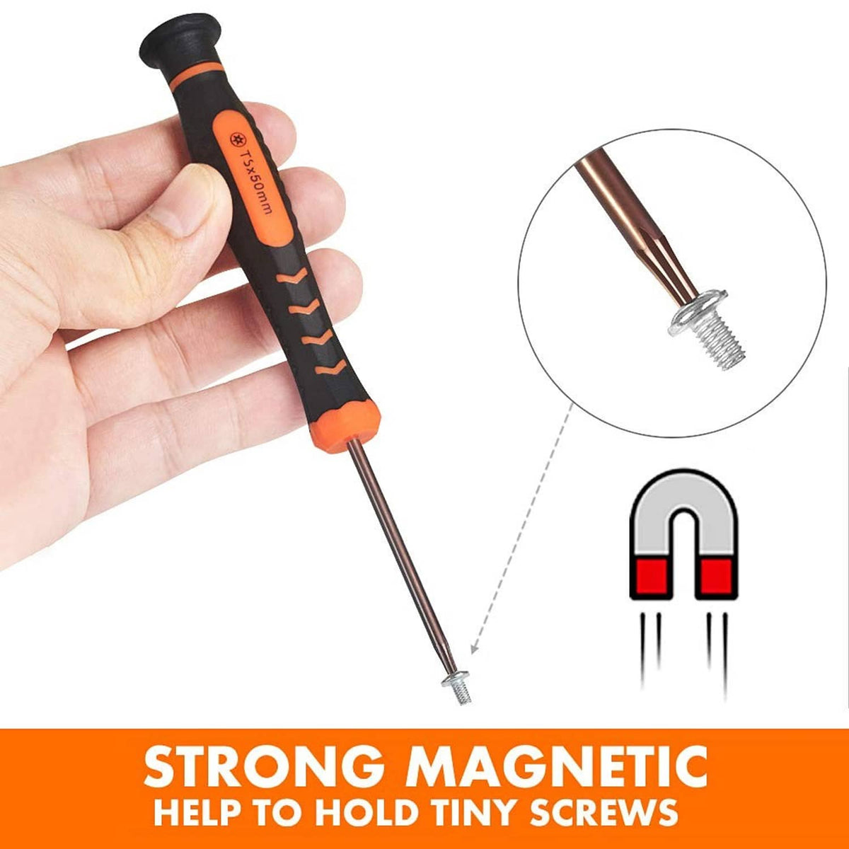 Handheld P5 Torx screwdriver with orange-and-black handle; magnet helps hold small screws