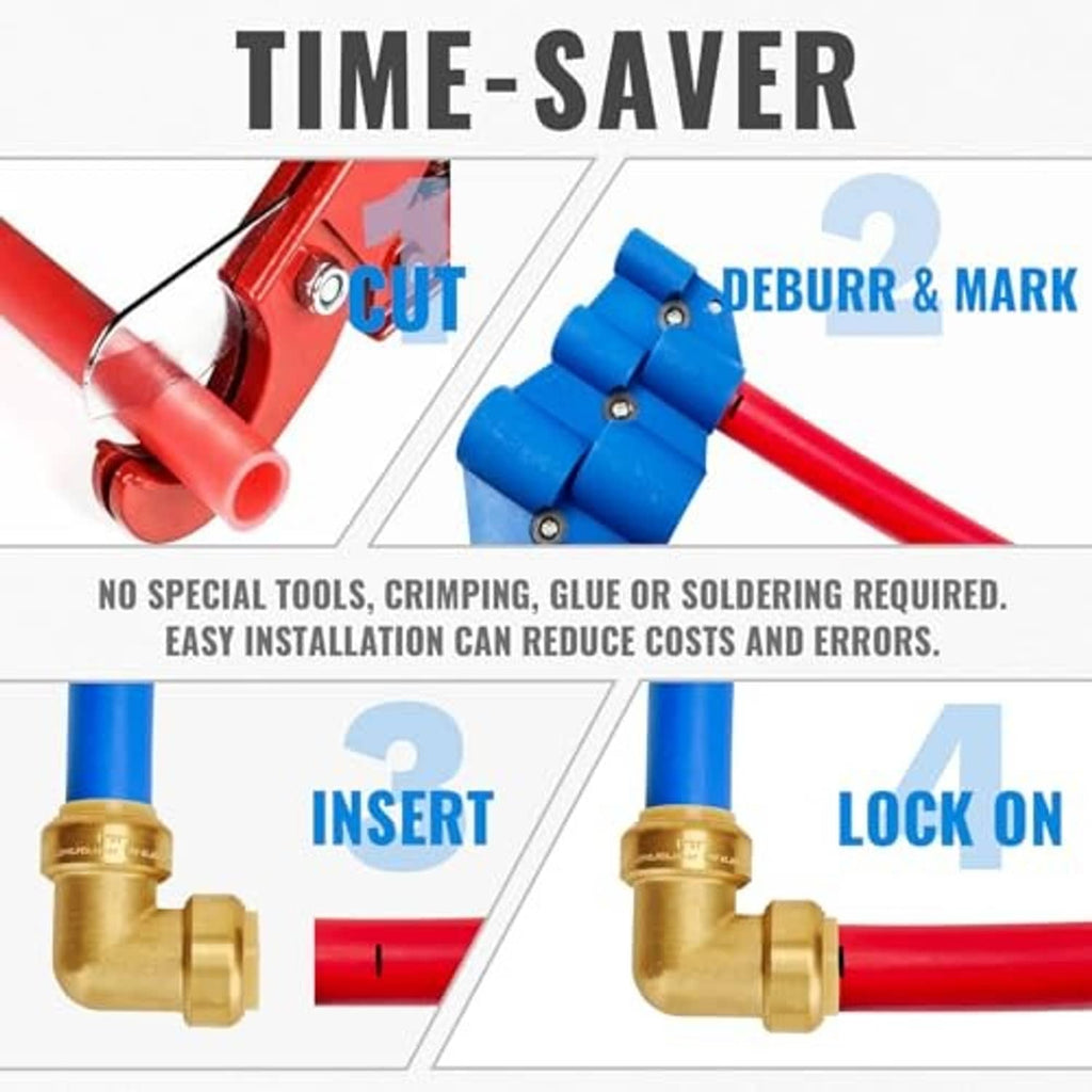 PEX push-to-connect elbow installation step graphic with insert and lock on