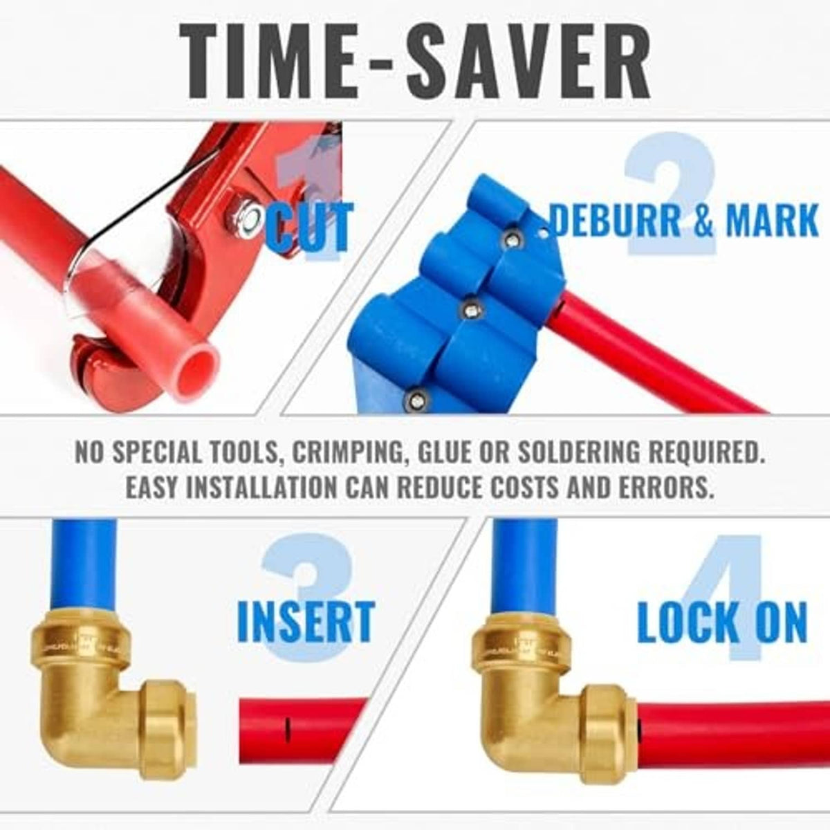 PEX push-to-connect elbow installation step graphic with insert and lock on