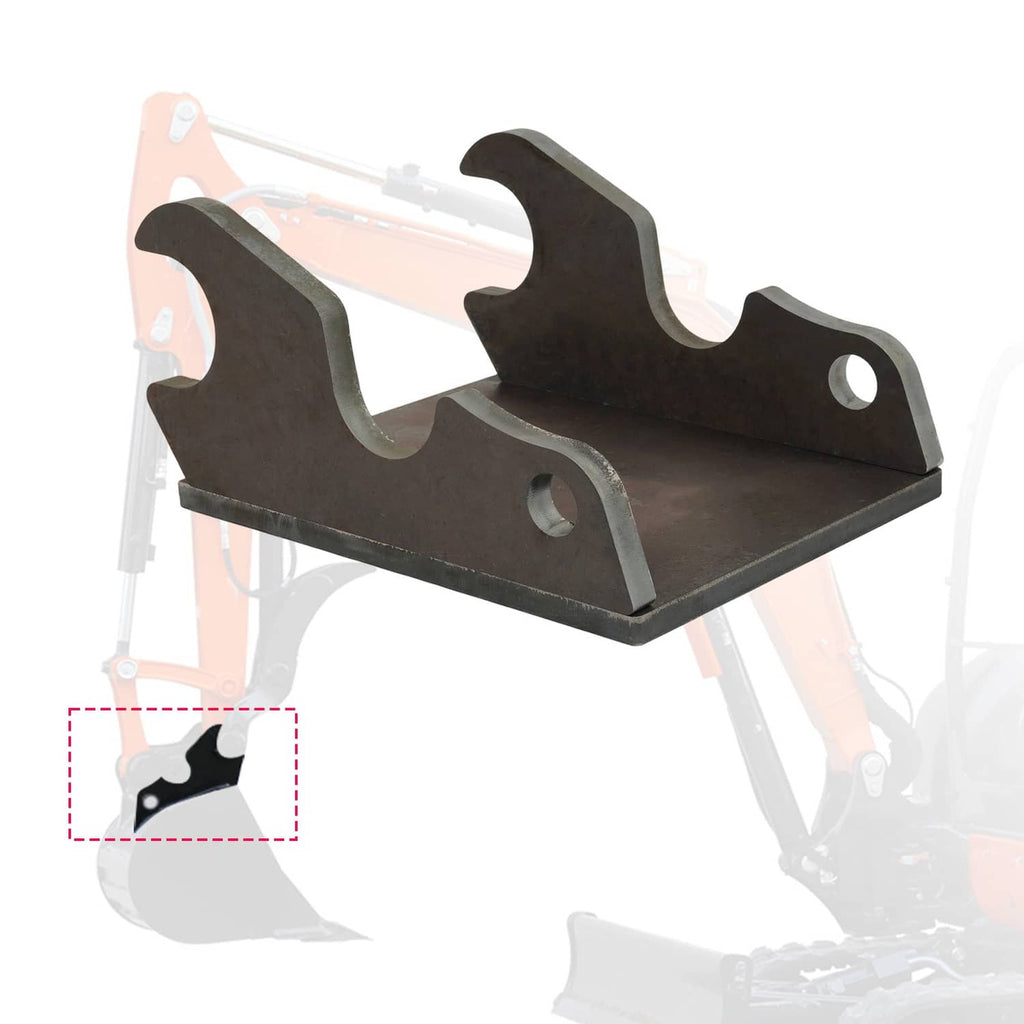 Steel quick-attach bucket bracket ears, dark finish, with two mounting holes and curved tabs