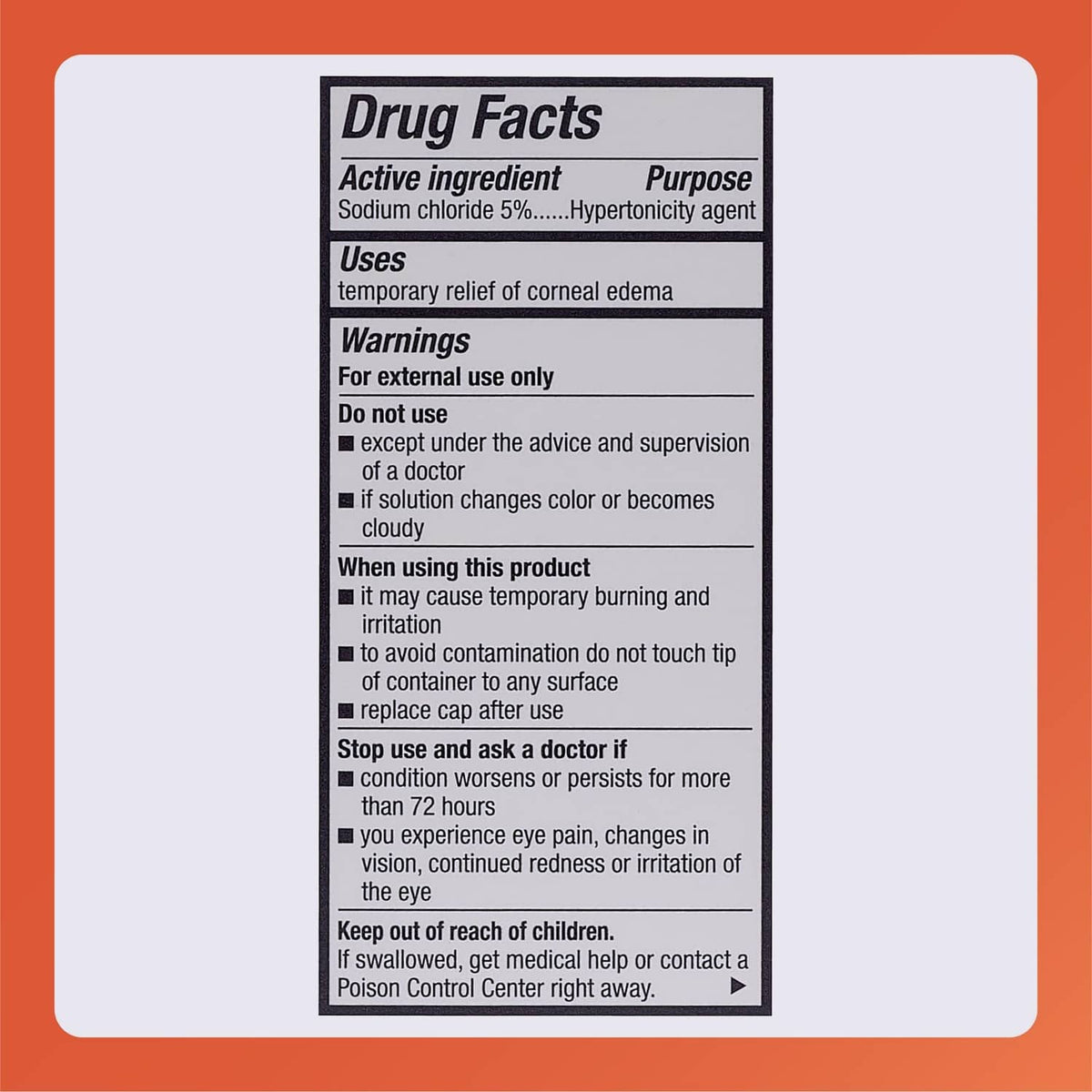 Rugby eye solution Drug Facts panel showing active ingredient sodium chloride 5%.