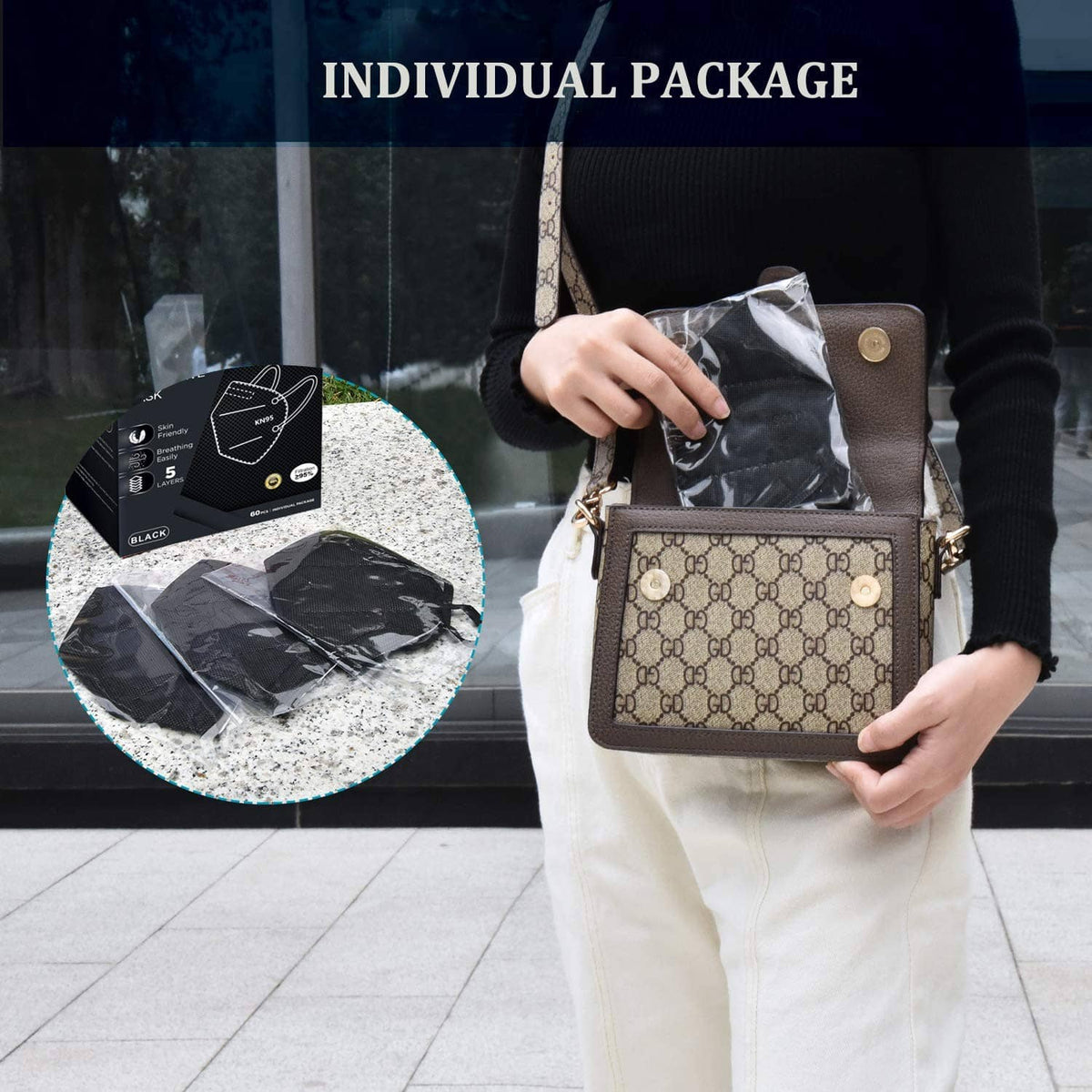 Black KN95 face masks with individual package, person holding the box