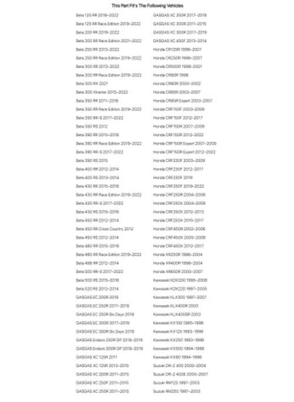 Brake lever fitment chart with model and year text list