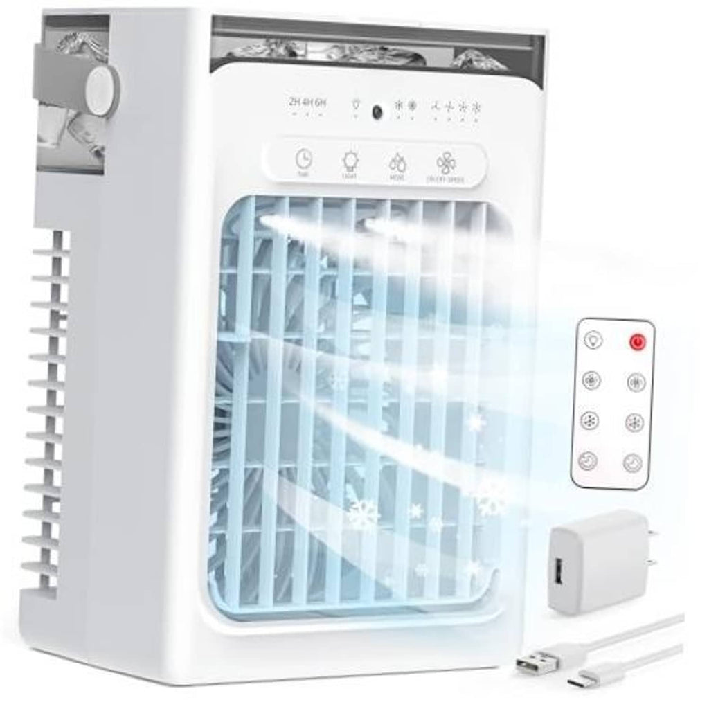 Gray portable evaporative mini air conditioner with front grille and control panel