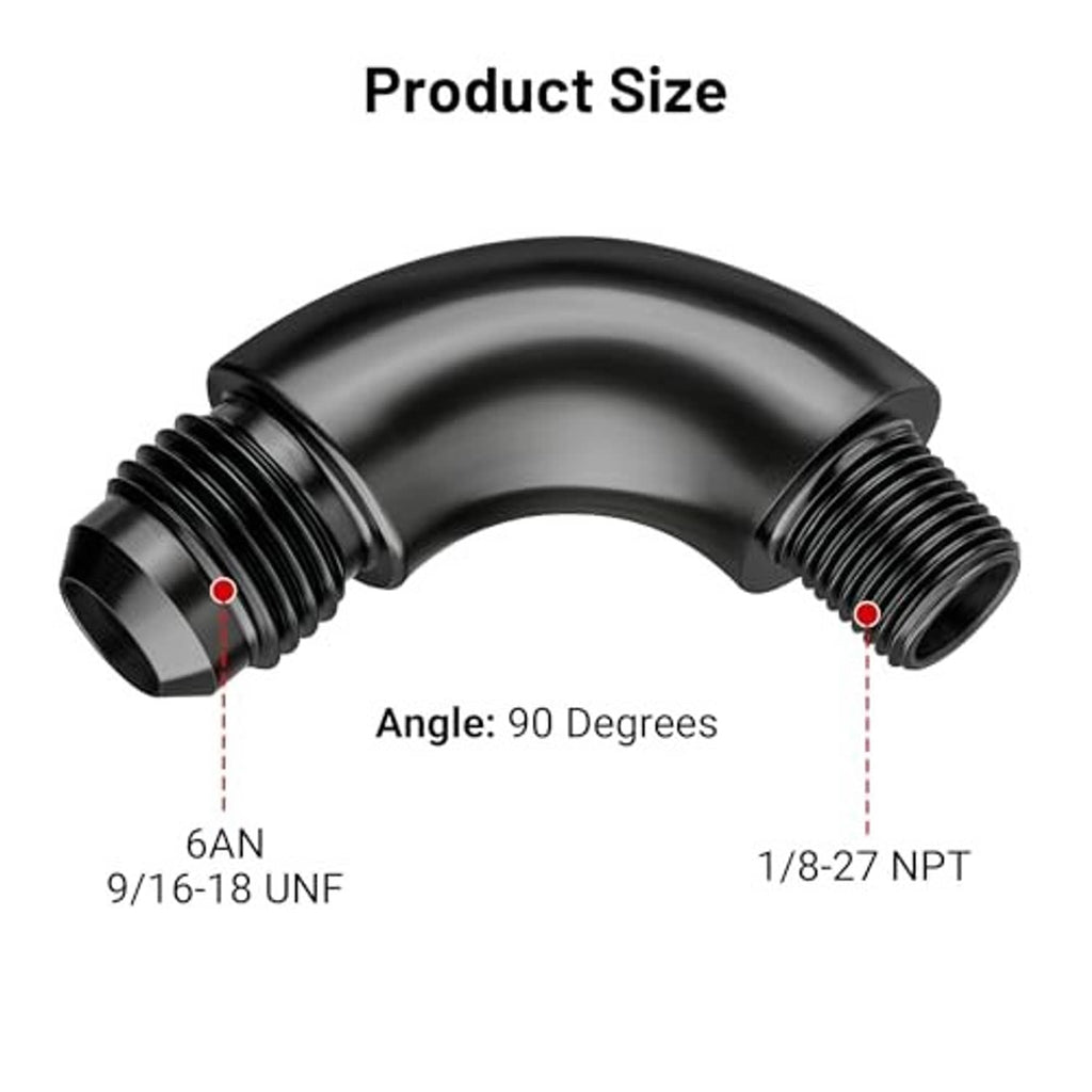 Black 90° elbow fitting, 6AN 9/16-18 UNF to 1/8-27 NPT male