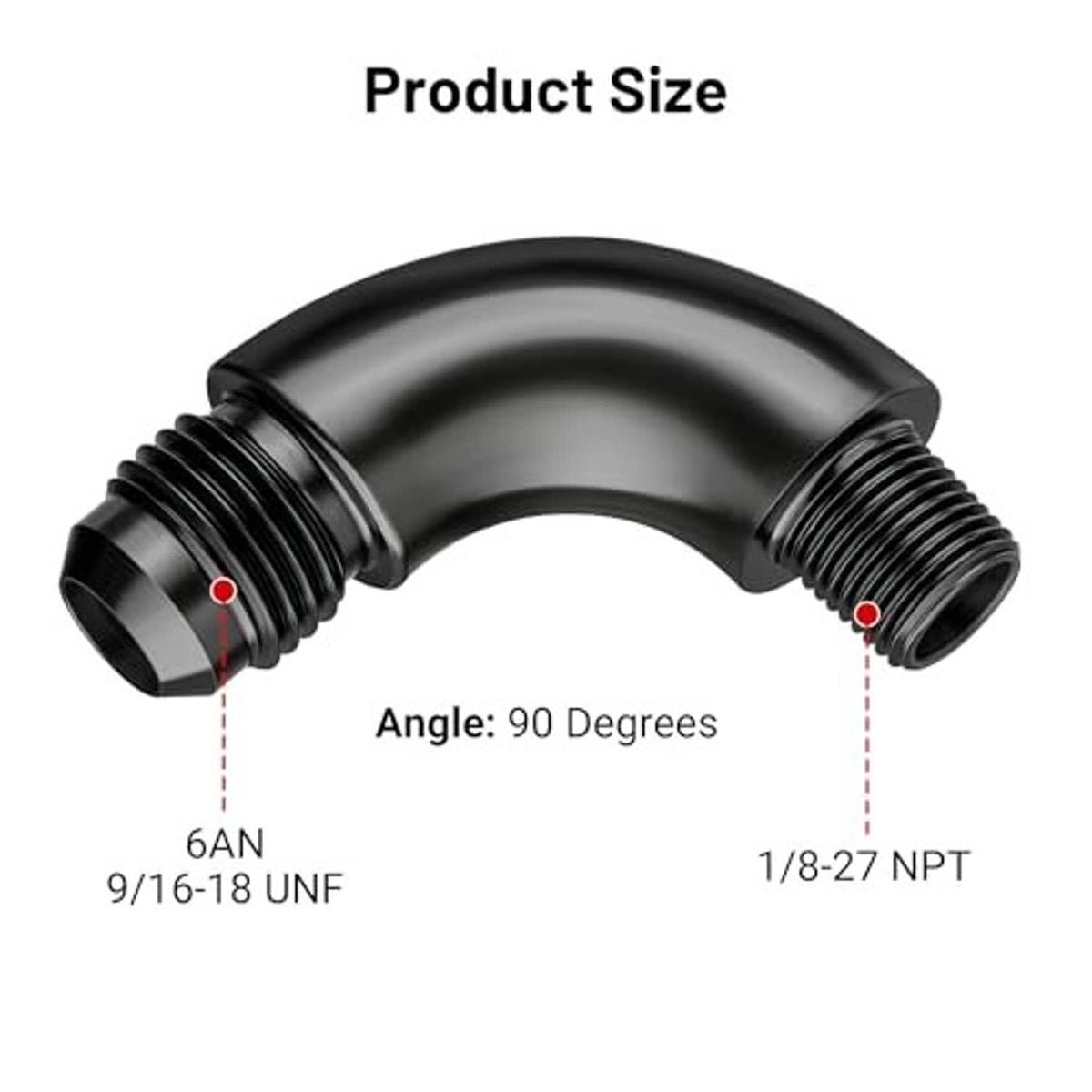 Black 90° elbow fitting, 6AN 9/16-18 UNF to 1/8-27 NPT male