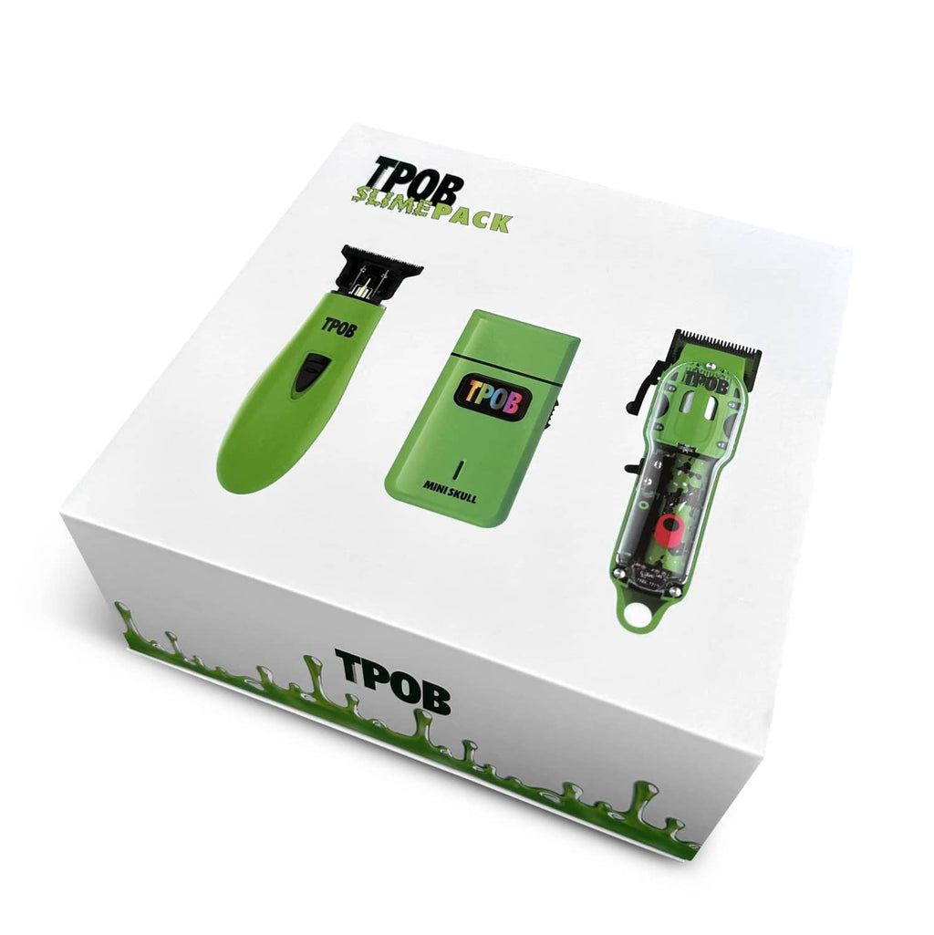 Slimepack hair clipper set in display box with three green grooming tools