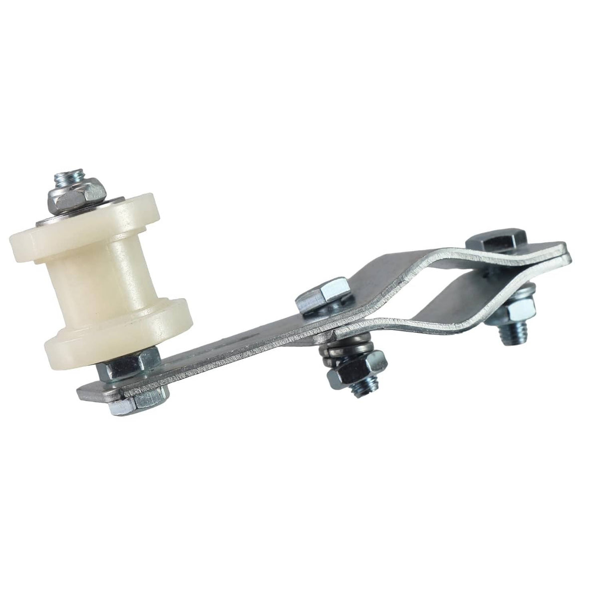 Chain tensioner with white guide wheel and silver U-shaped bracket with fasteners