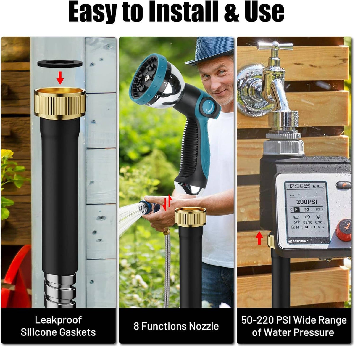 Stainless steel garden hose with multi-function nozzle, silicone gasket and brass fittings