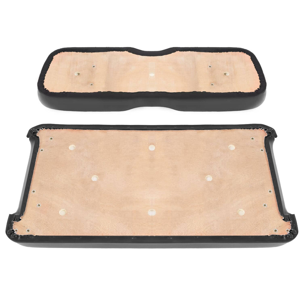 Golf cart seat back and bottom cushion assembly with beige fabric and black edging