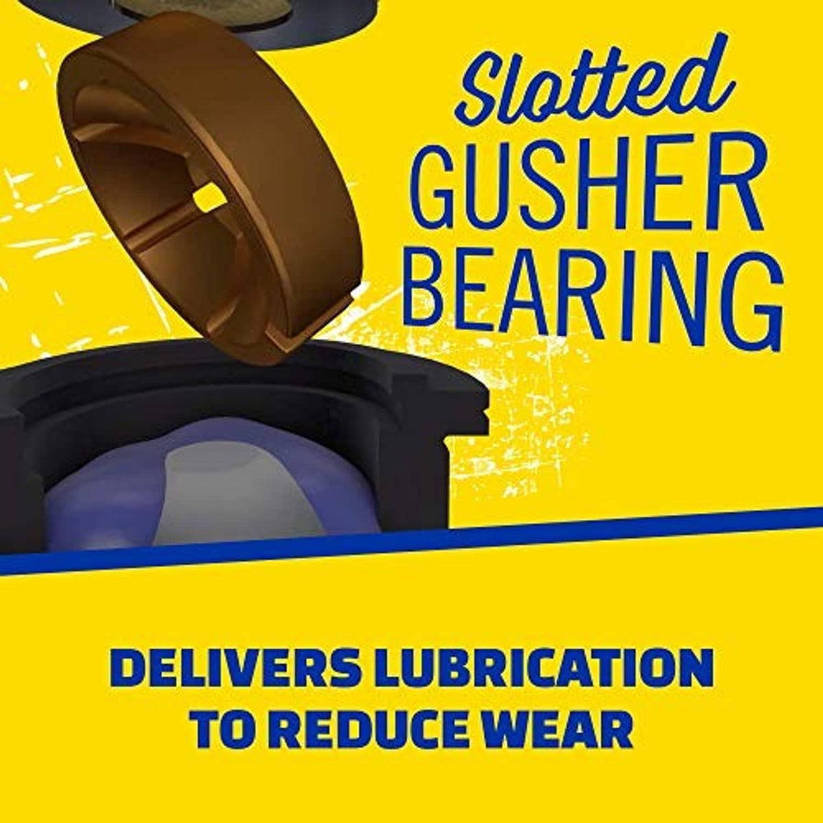 Front upper suspension ball joint promotional graphic with slotted gusher bearing