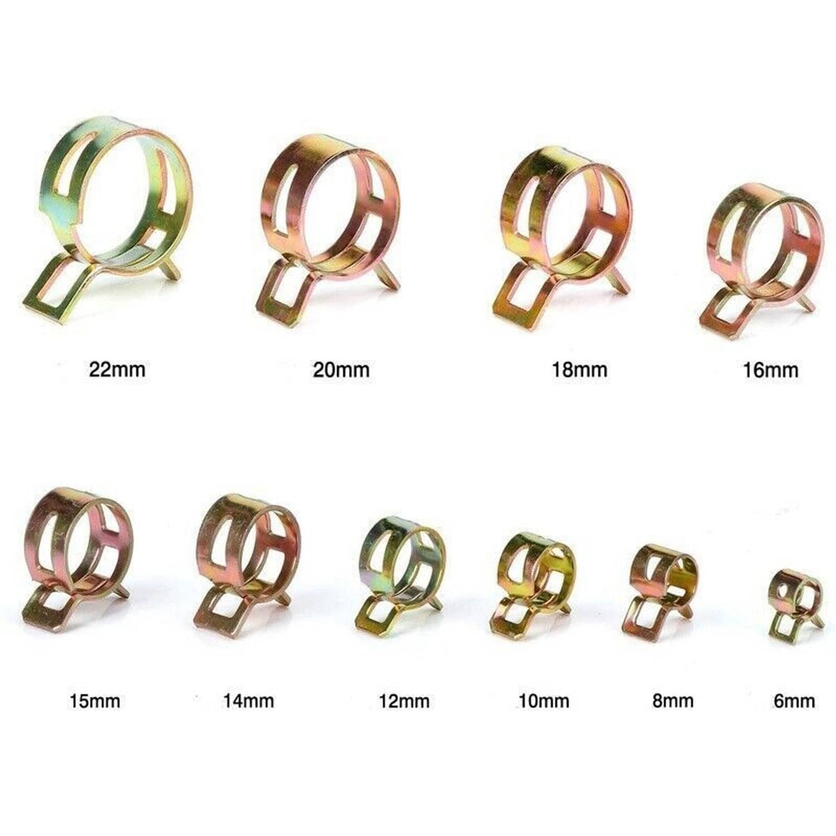 Assorted spring hose clamps with screw tabs and zinc-plated finish, 6–22mm