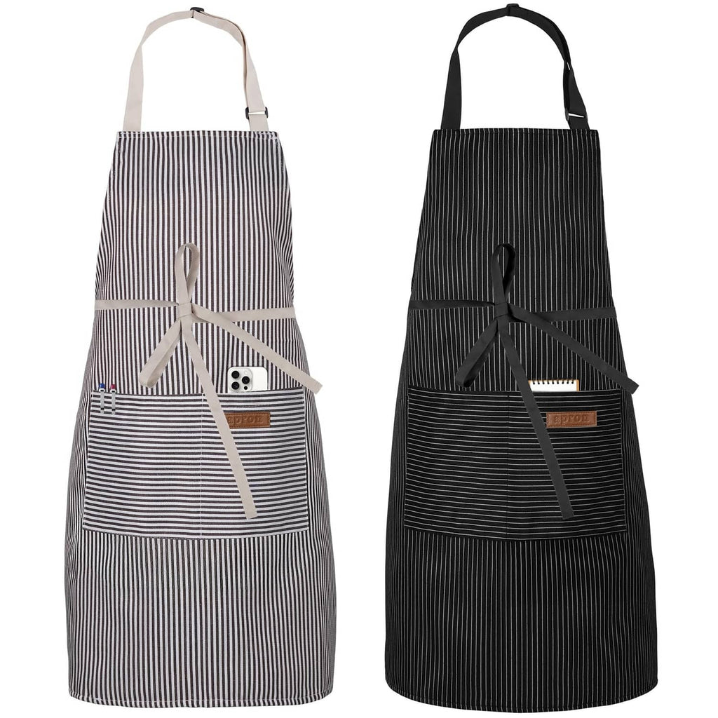 2-pack pinstripe kitchen aprons with neck straps, black and brown stripes