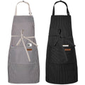 2-pack pinstripe kitchen aprons with neck straps, black and brown stripes